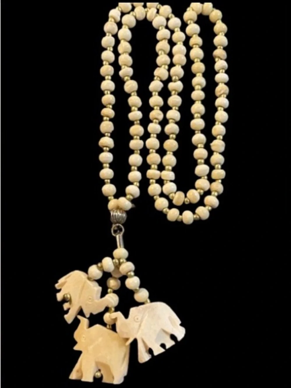 Vintage Carved Bone Cream Beaded Necklace with 3 Elephant Pendants Good Luck